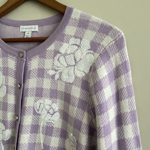 Charter Club Cottagecore Check Gingham Floral Sequin Cardigan Sweater M Lilac - Picture 8 of 13